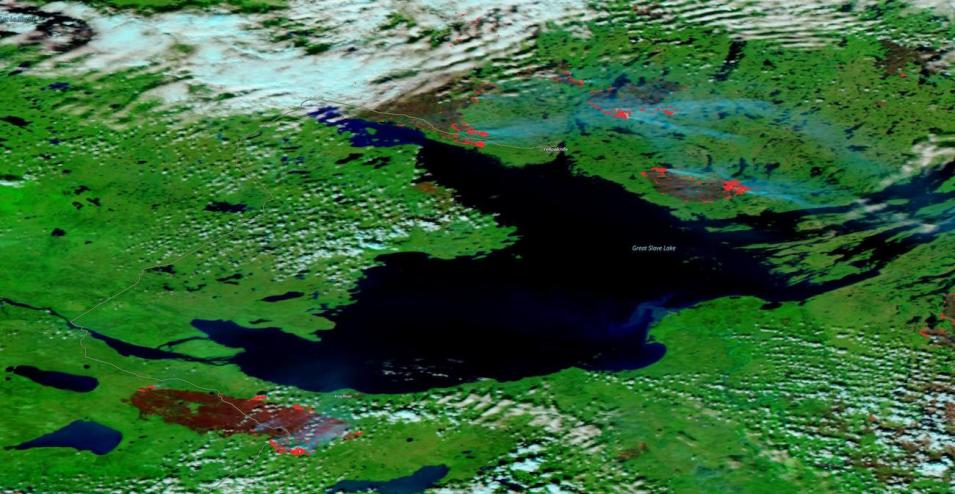 Fires near Yellowknife and Hay River, Northwest Territories, Canada on 16 August 2023 from the VIIRS instrument aboard the joint NASA/NOAA NOAA-20 satellite