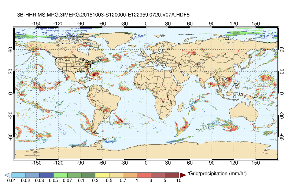 This graphic displays half-hourly precipitation data on a map of the world . At the bottom is a color bar that ranges from light blue and purple (low) to red and brown (high). On the map, areas with brown, red, and orange are those that experience the highest levels of precipitation in millimeters per hour.