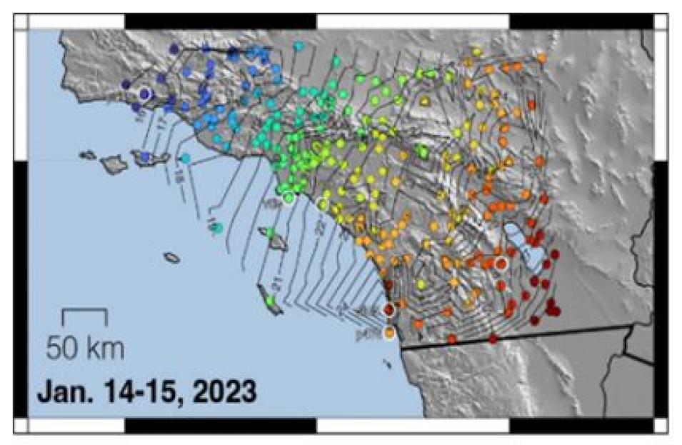 This image of the Pacific Northwest shows isochrones--contours representing the movement and extent of water vapor--of one of the atmospheric rivers that impacted southern California in the winter of 2023. The image is derived from the daily 5-minute GNSS Precise Point Positioning (PPP) Tropospheric Estimates produced by JPL as part of the ESESES project. The blue dots represent locations wherein water vapor concentrations are high. The yellow, orange, and red indicate where concentrations are low.