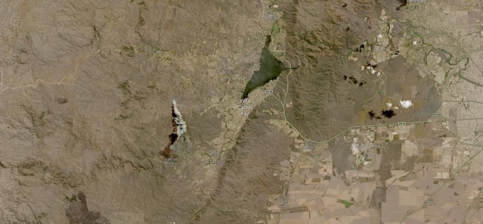 Reflectance (Nadir BRDF-adjusted) image of a wildfire and smoke to the west of Villa Carlos Paz in Cordoba Province, Argentina from the MSI instrument aboard the ESA (European Space Agency) Sentinel-2A and -2B satellites. 