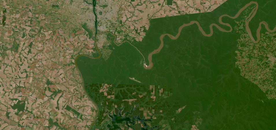 True color reflectance image of Iguazu Falls, on the border of Argentina and Brazil on 10 October 2023 from the OLI instrument aboard the Landsat 8 & 9 satellites