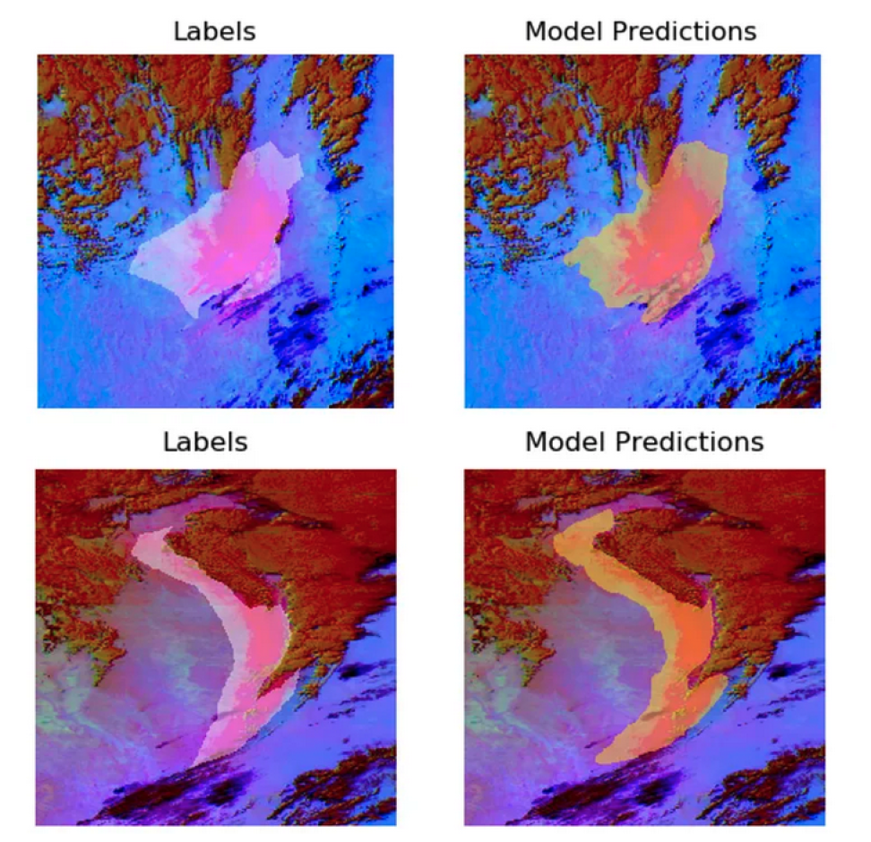 Four images comparing actual labels of dust data versus AI model predictions.