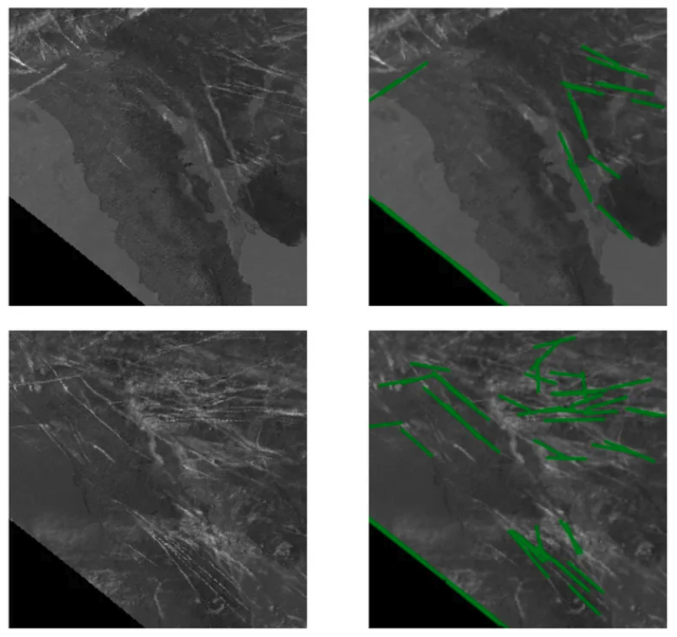Comparison of four images showing contrail data from Terra MODIS imagery.