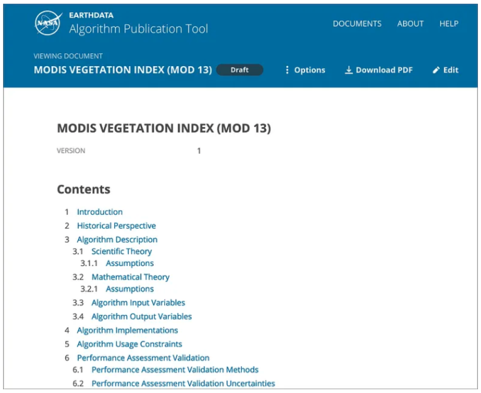 View of the Algorithm Publication Tool showing a dynamic table of contents. 