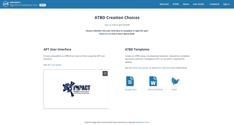 Graphic showing Algorithm Theoretical Basis Documents creation options