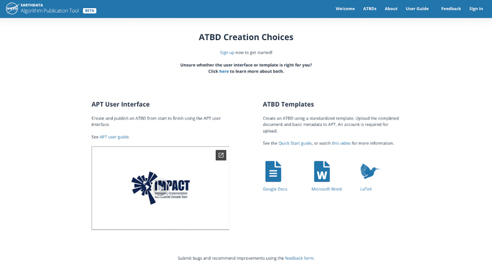 Graphic showing Algorithm Theoretical Basis Documents creation options