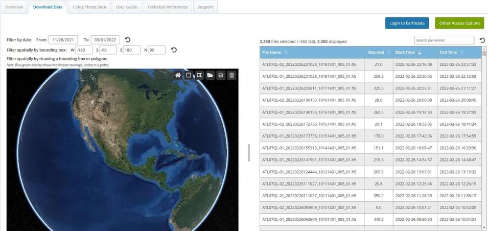 Screenshot of the the Sea Ice Height Quick Look landing page