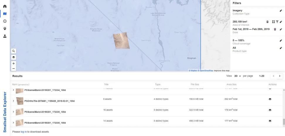 Screenshot of the NASA CSDA Program Smallsat Data Explorer interface