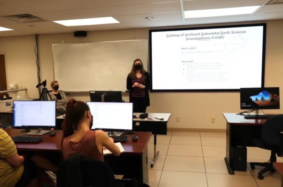 Shelby Bagwell addresses students in a lecture hall