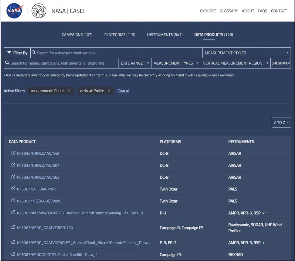 Screenshot of CASEI data filtered by measurement