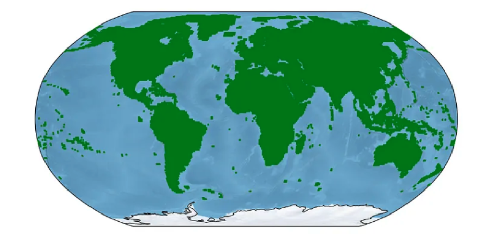 Globe showing area of coverage for HLS L30 and S30 data showing all land except Antarctica as covered.
