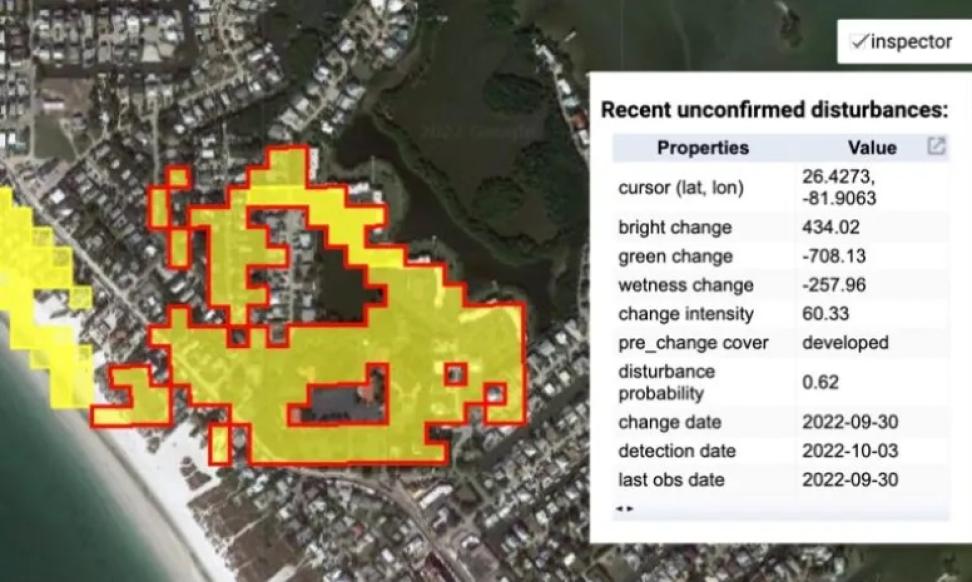 Satellite image of Ft. Meyers, Florida, with potentially damaged regions highlighted in yellow