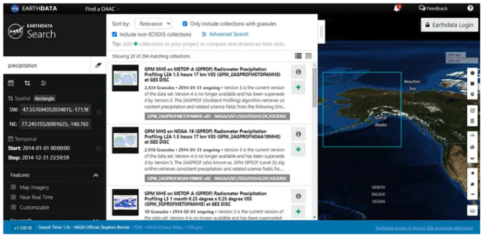 Screenshot of Earthdata Search user interface showing available datasets.