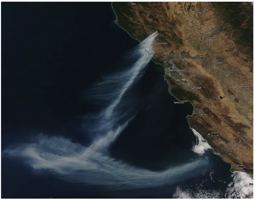 Satellite data image showing smoke plumes extending out over the Pacific from the Kincade Fire. 