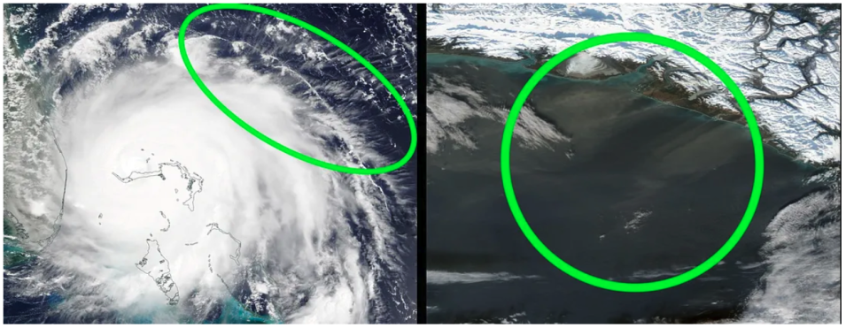 Comparison of satellite data images showing cirrus bands (left) and high latitude dust (right).