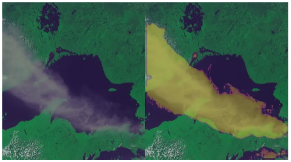 Comparison of satellite data image showing smoke (left) and smoke as detected by AI (right).