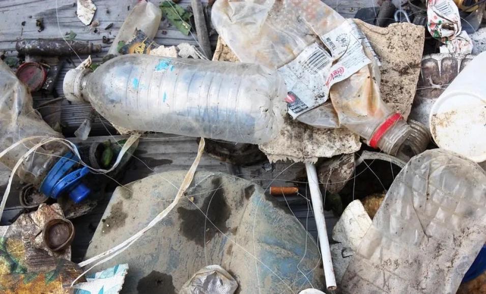 Close-up of plastic bottles and other marine debris