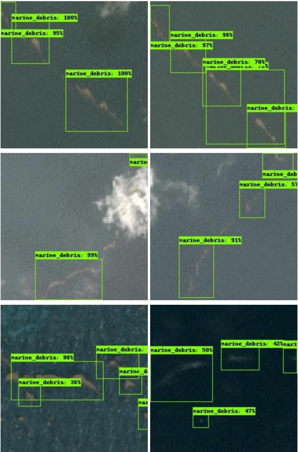 Six black squares with green markings showing automated marine debris predictions