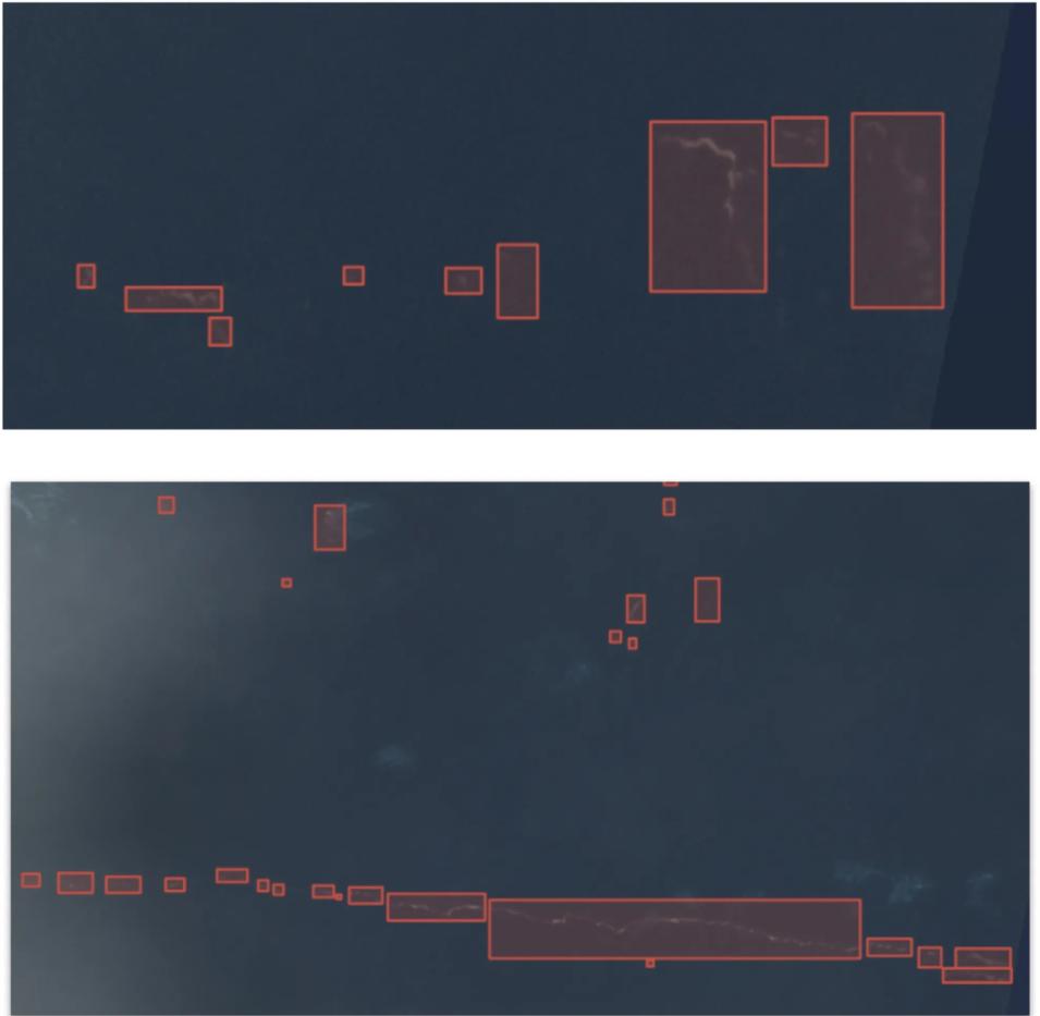 Small red rectangles are superimposed on two larger black rectangles representing labeled marine debris data