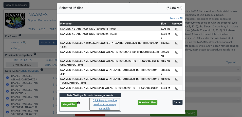 screenshot of SOOT interface showing selected data products in white on top of a grayish sub-orbital campaign page