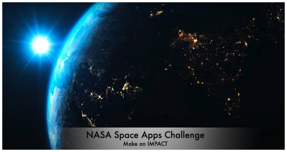 Earth seen from space with the sun rising and the words NASA Space Apps Challenge superimposed. 