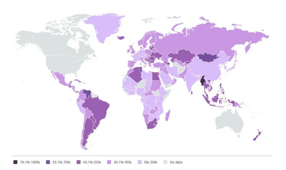Map of the world showing the percent of women in science for each country.