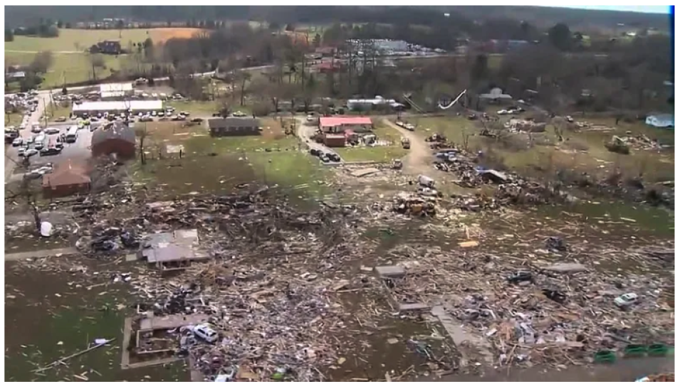 Drone footage of the destruction caused by a tornado in Putnam County (WVLT, Knoxville).