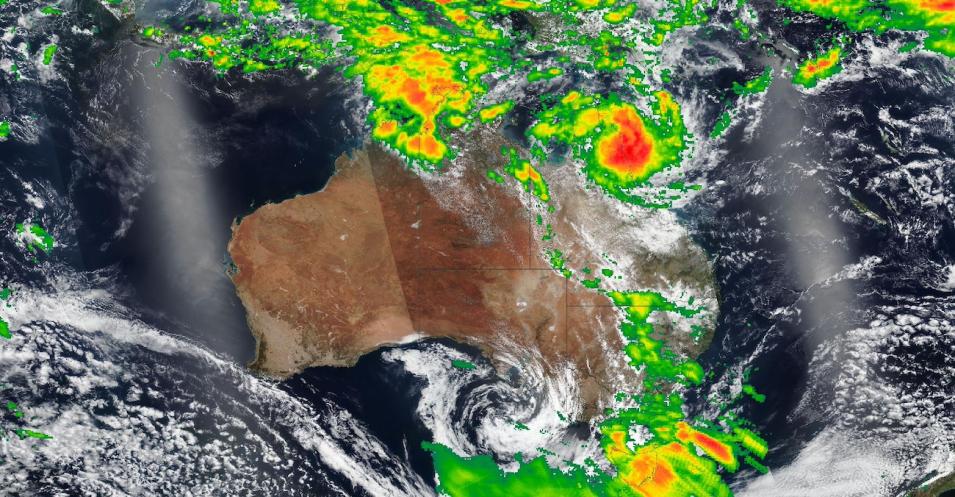 Tropical Cyclone Jasper crosses over Queensland in Australia on 13 December 2023 from the VIIRS instrument aboard the joint NASA/NOAA Suomi NPP satellite overlaid with IMERG Precipitation Rate