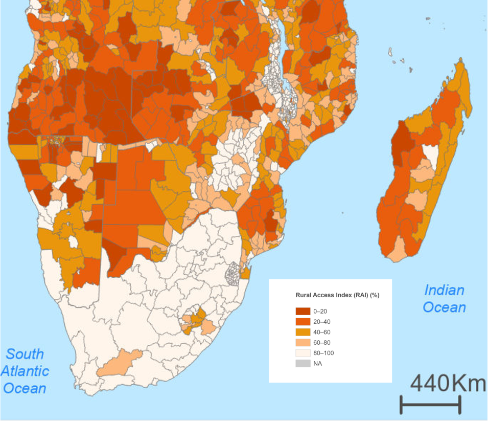 map of south africa with colors in red, organge, and brown indicating access to roads