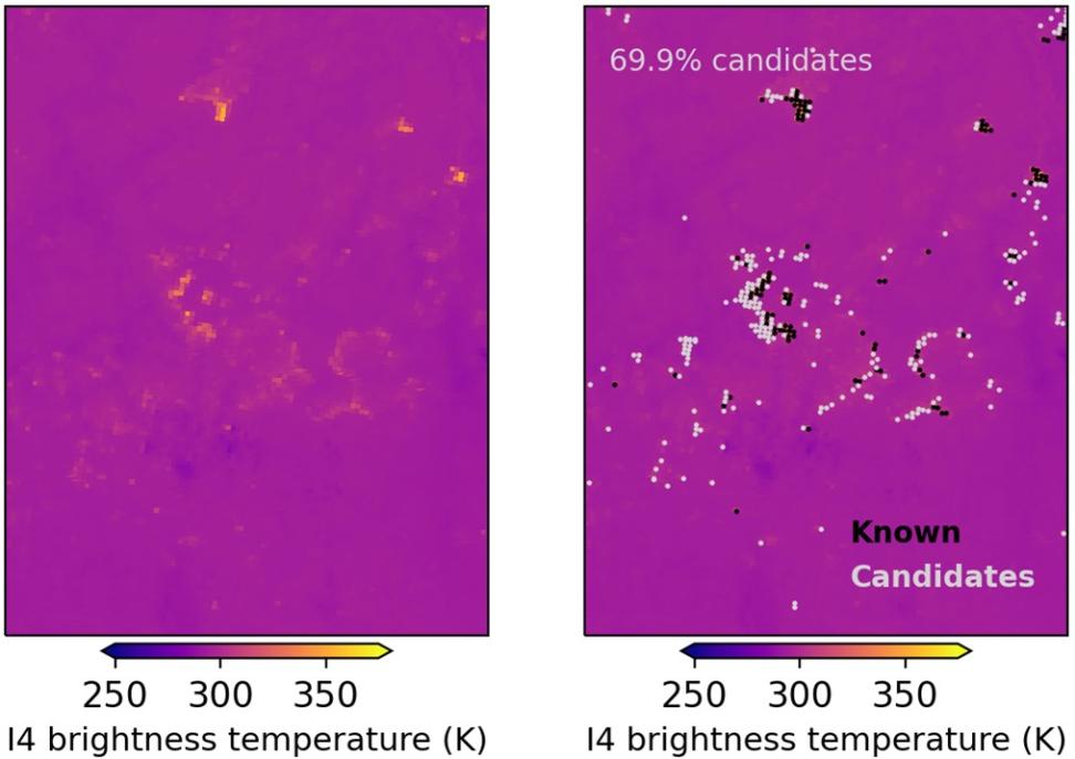 This image shows two magenta-colored panels. Each panel shows a brightness temperature scale from 250 to more than 350 degrees Kelvin. The panel on the left shows smudges of dim to brightly colored orange pixels indicating areas that are likely to be on fire. The panel on the right shows those same pixels colored black to mark the known fires and also includes gray-colored adjacent pixels that are only candidates but in reality probably part of the fire. 