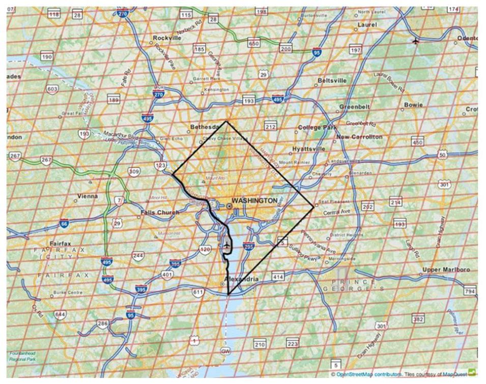 This map of the greater Washington, DC-area shows a gridded overlay representing the sub-urban scales at which TEMPO will be able to detect and track pollution.