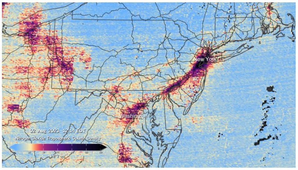 This visualization of TEMPO data shows concentrations of Nitrogen Dioxide pollution over a portion of the Mid-Atlantic states.