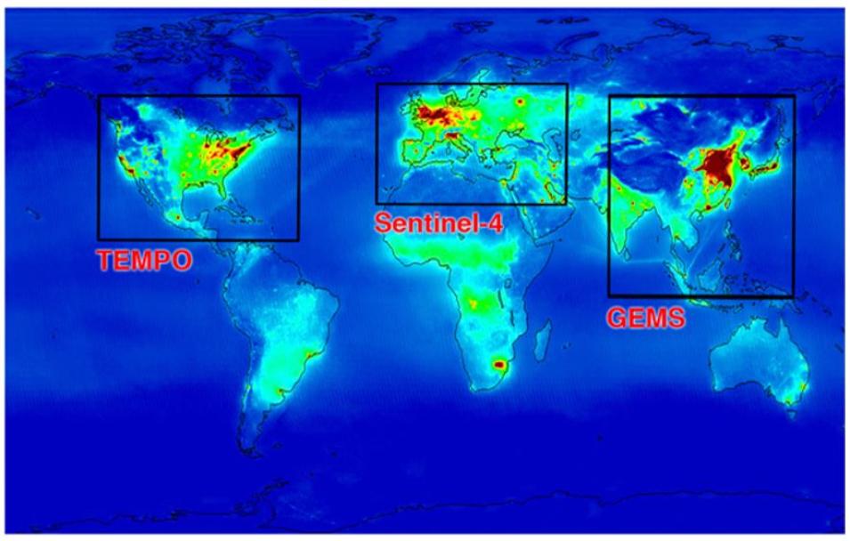 This image of Earth's land masses shows the areas covered by the three satellites that will make up the global geostationary air quality (Geo-AQ) satellite constellation.