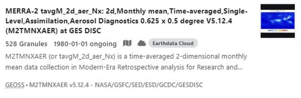 This image shows a close up of a data collection listed in Earthdata Search. Visible are a variety of details users can consider to help them evaluate which collection best meets their needs. 