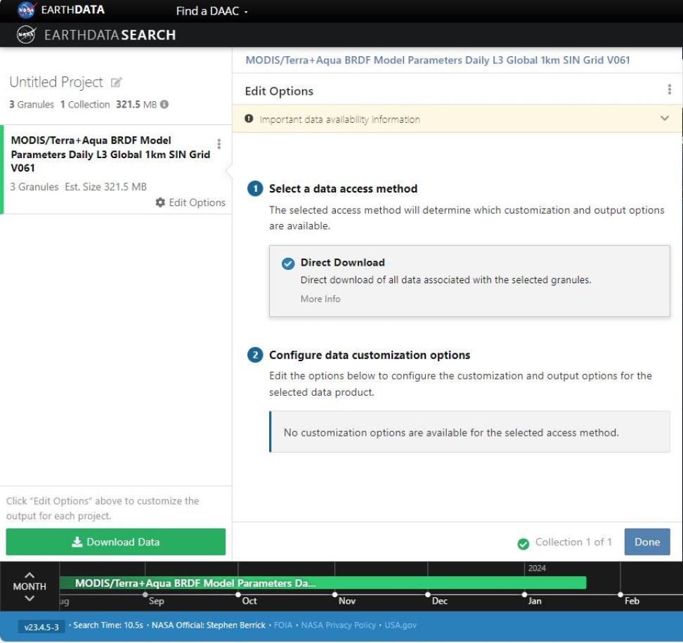 A screen capture from Earthdata Search that shows how users can download the data they've selected and the options for customizing it. 