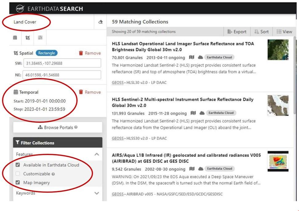 A screen capture from Earthdata Search that shows the search bar and main filtering options, which are the primary methods for users to find the data products that meet their needs.