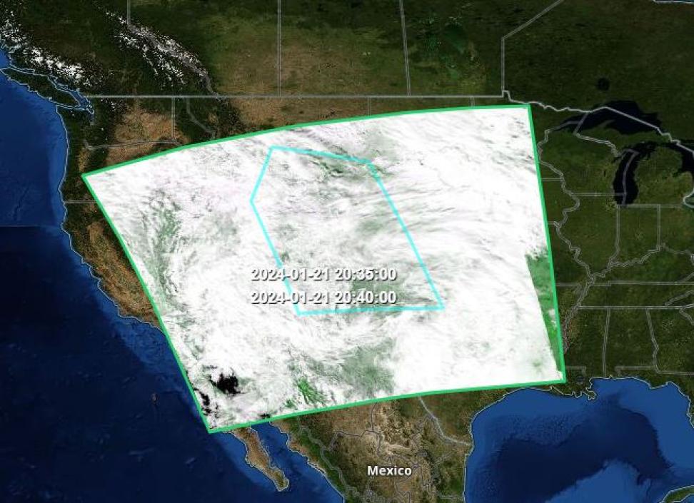 A screen capture from Earthdata Search showing a user-defined, geographic area of interest and a granuale from a data collection over the map in Earthdata Search's right panel.