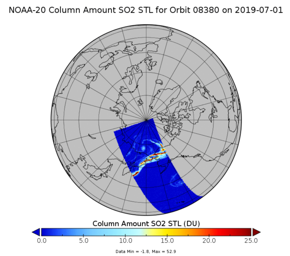 Image of globe with blue bar indicating sample area; reds-yellows in blue area indicate higher so2 concentrations