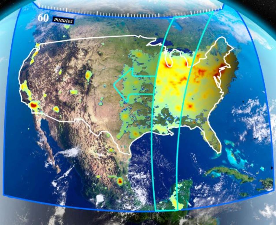 This graphic from the TEMPO mission shows the instruments field of view from its position in geostationary orbit some 22,000 miles above the equator. The arrow represents the direction in which the instrument scans the atmosphere over Earth. 