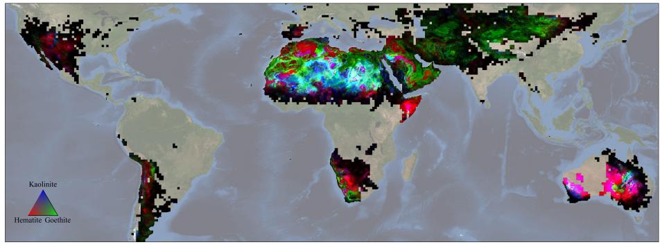 global map with colors indicating minerals across Earth