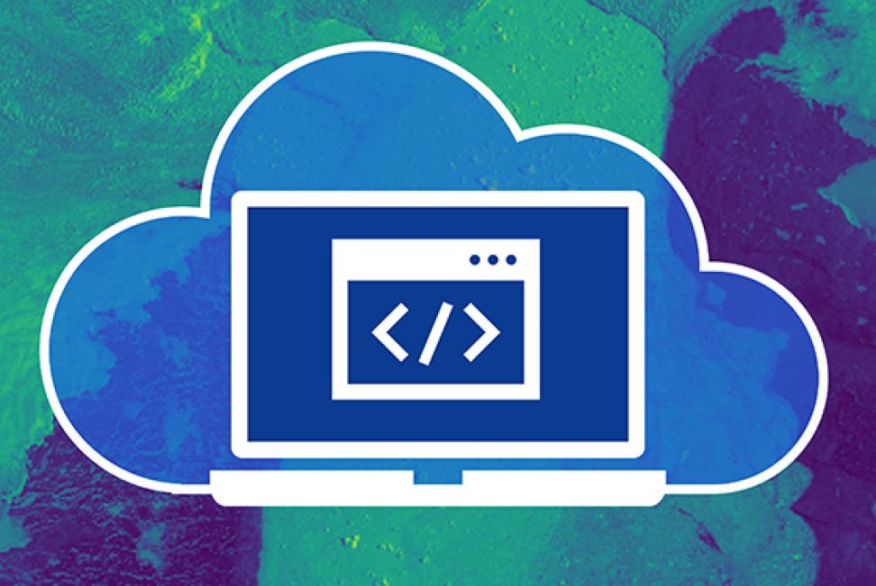 image of cloud with computer in the center showing code, background is colored satellite data