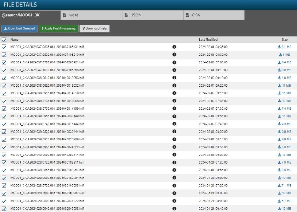 Once the data product and type of coverage have been selected, users can click the “Search” button, which will produce a file summary highlighting the number of data records available for download. Clicking on the data product and number of records opens a window showing the details of each individual file. 