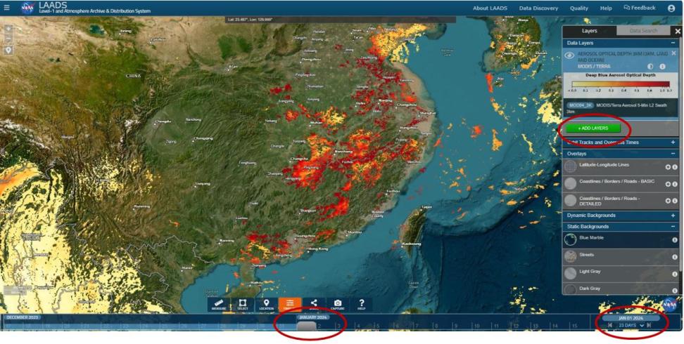 A screen capture from View Data showing the location of the tool's timeline and add layers features.