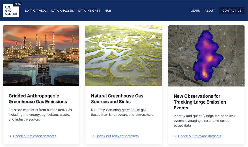 GHG Center screenshot with 3 side-by-side panels showing dataset collections