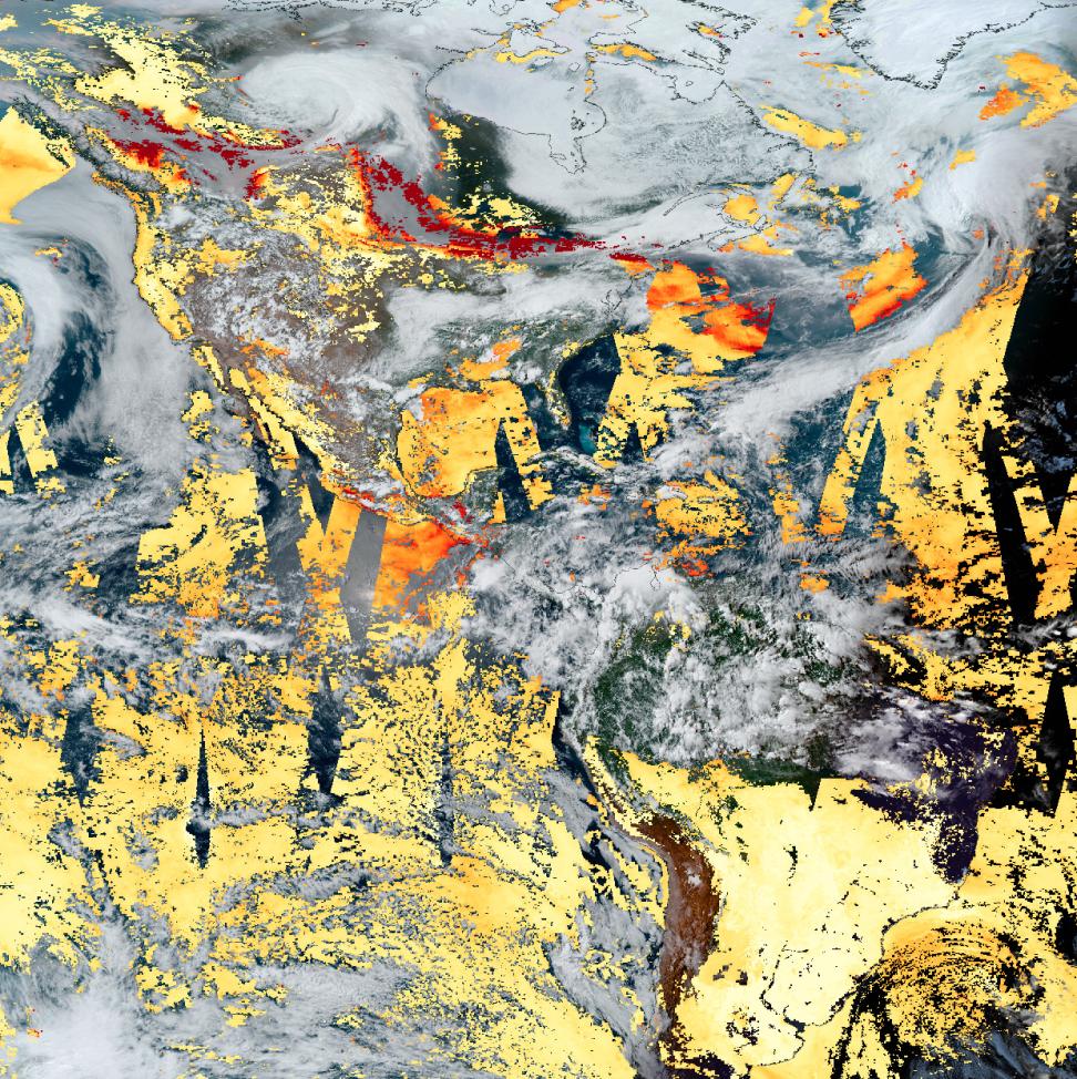 MODIS Dark Target aerosol data image overlain on GOES dark target aerosol data image. 