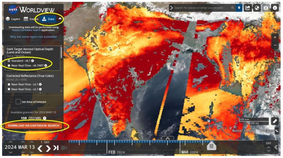 This screen capture from NASA Worldview shows how users can download the data associated with the visualization they've created in the application. Yellow circles on the image show the location of the download data tab, the versions of the datasets available, and the location of the "download data" button the transports users the NASA Earthdata Search for completetion of the download process.