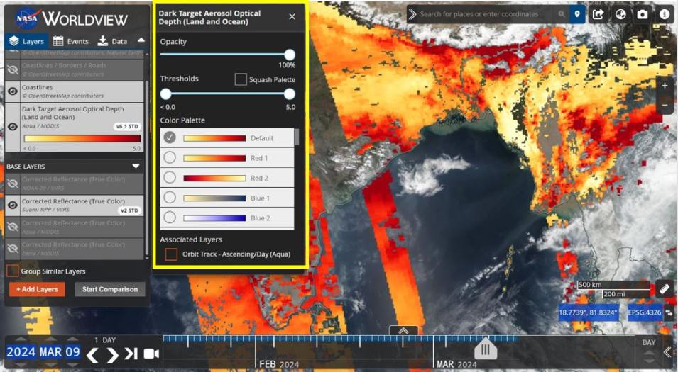 This screen capture from NASA Worldview shows how users can change the way a selected data layer appears on the basemap.