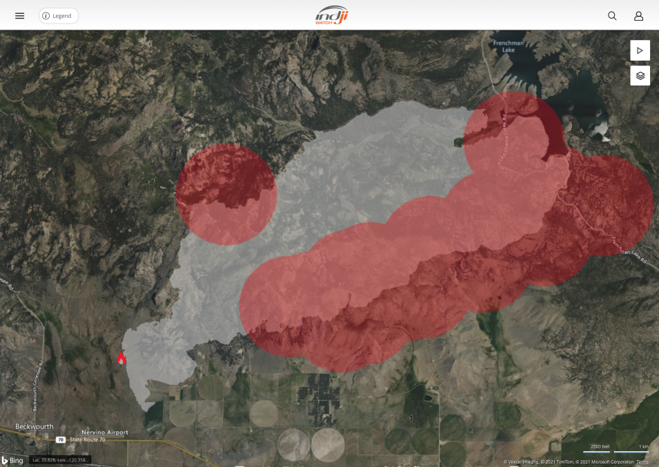 A screen capture from Indji Watch showing a wildfire in northern California. 