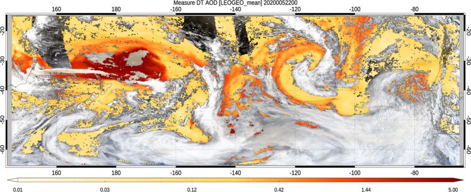 GEO-LEO Dark Target Aerosol image showing smoke plume aerosol optical depth (AOD) measurements from the Australian bushfires in January 2020. High values are shown in dark red and orange while lower AOD values are shown in beige.  