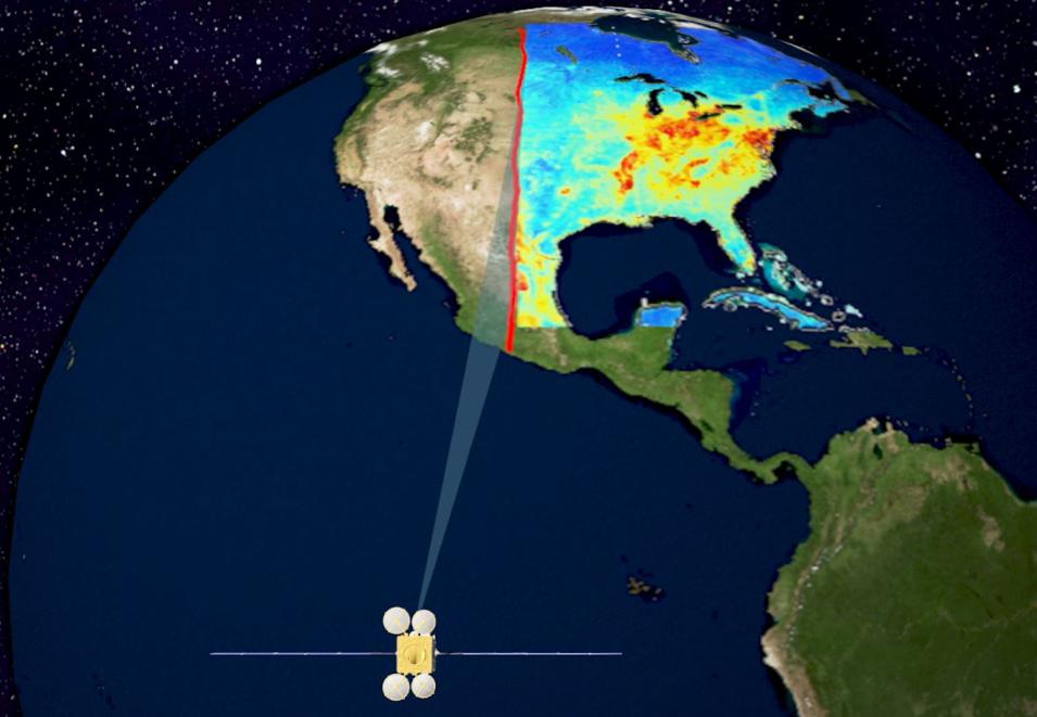 An artist's rendition of the TEMPO instrument scanning the atmosphere above North America from its position in geostationary orbit.